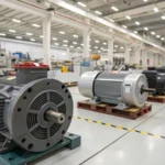 Close-up of induction motors in an industrial factory