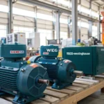 An industrial factory interior showcasing induction motors from different suppliers.