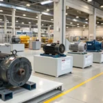 A modern industrial showroom featuring various induction motors on display.