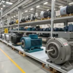 A modern industrial warehouse filled with induction motors on shelves.