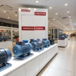A modern showroom displaying induction motors with bright lighting