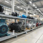 A modern warehouse displaying various induction motors on industrial shelves.