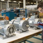 Technician inspecting induction motors in workshop