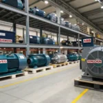 A spacious warehouse filled with induction motors on shelves