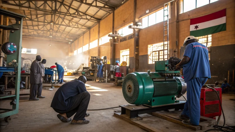 A WEG electric motor in an industrial workshop with local workers