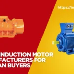 Orange and blue induction motors with text highlighting top 6 manufacturers for Chilean buyers, Dongchun logo.