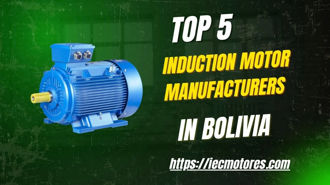 Gráfico listando os principais fabricantes de motores de indução na Bolívia com design de motor azul e URL do site sobre fundo verde.