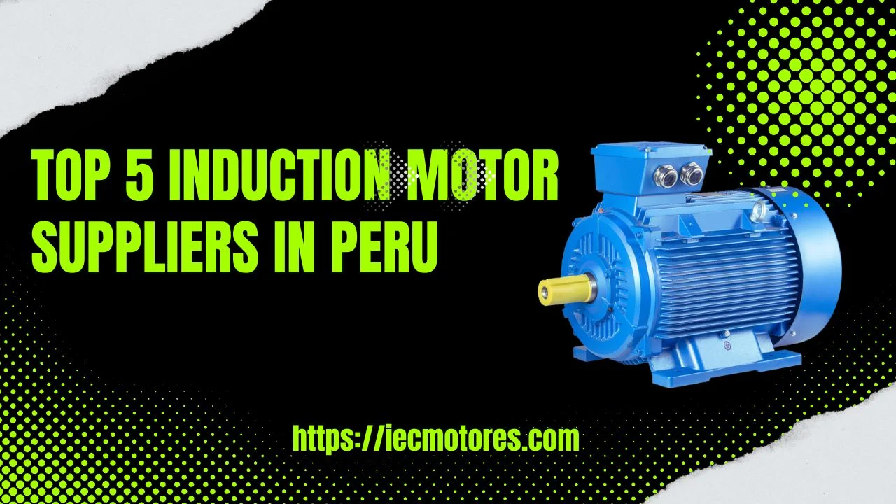Motor de indução azul com texto destacando os 5 principais fornecedores do Peru em um fundo preto.