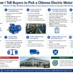 Infographic detailing a 10-step checklist for choosing a Chinese electric motor supplier, focusing on certifications, quality, and service.