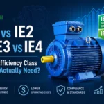 IE1 versus IE2 versus IE3 versus IE4-motoren: welke efficiëntieklasse heeft u eigenlijk nodig?4 en hun voordelen, zoals energiebesparingen en normen, worden vergeleken. Blue electric motor with text comparing efficiency classes IE1, IE2, IE3, IE4 and their benefits like energy savings and standards.