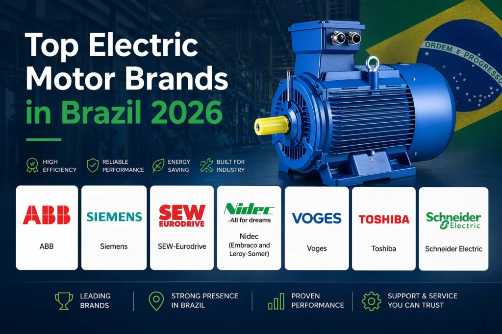 Grafika zvýrazňující nejlepší značky elektrických motorů v Brazílii pro rok 2026, zobrazující společnosti jako ABB, Siemens, SEW-Eurodrive, Nidec, Voges, Toshiba a Schneider Electric, s ikonami zdůrazňujícími efektivitu, spolehlivost a výkon.