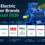 A graphic highlighting the top electric motor brands in Brazil for 2026, featuring companies like ABB, Siemens, SEW-Eurodrive, Nidec, Voges, Toshiba, and Schneider Electric, with icons emphasizing efficiency, reliability, and performance.