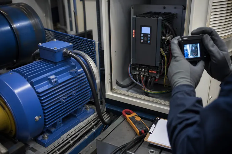 Buyer records the exact VFD fault code and operating moment beside a three phase electric motor