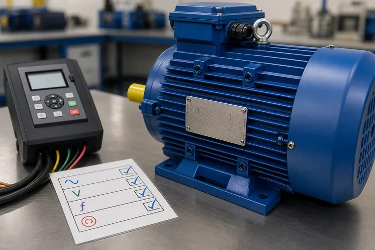 Electric motor nameplate is checked line by line against VFD commissioning parameters