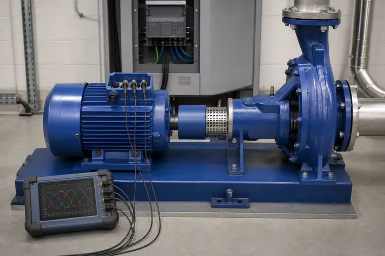 VFD-driven electric motor and pump are tested with three-phase measurements connected inside the compact terminal box