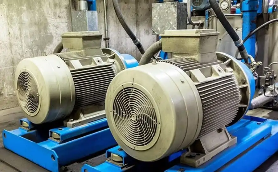 ဓာတုစက်ရုံတစ်ခုတွင် induction motor တပ်ဆင်ခြင်း နည်းပညာရှင်များ